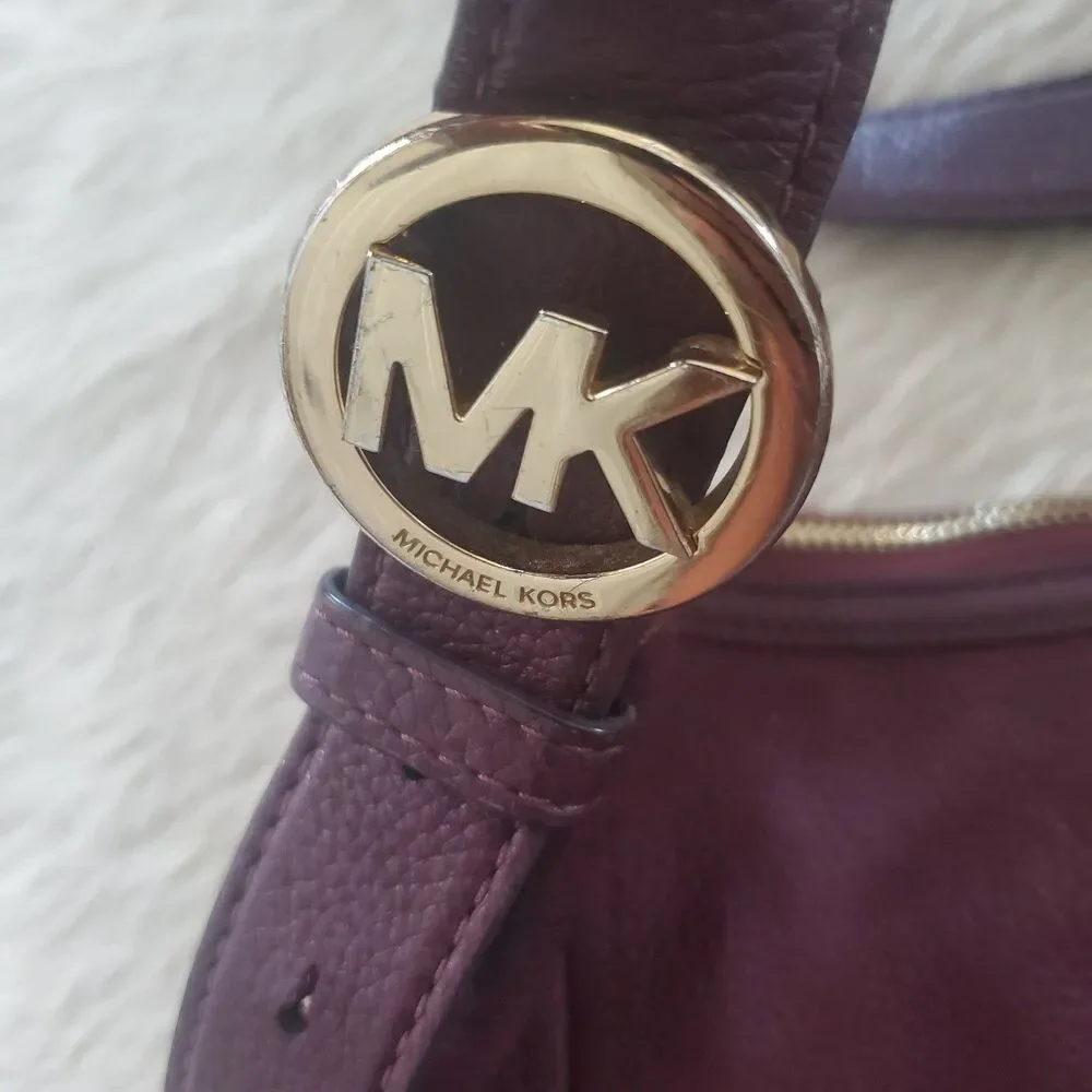 Michael Kors Leather Crossbody Bag Burgundy Pebbled Gold Hardware Fulton Hobo